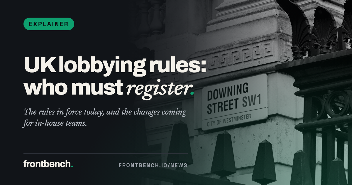 Downing Street SW1 street sign above black railings, tinted green, with the headline UK lobbying rules: who must register.